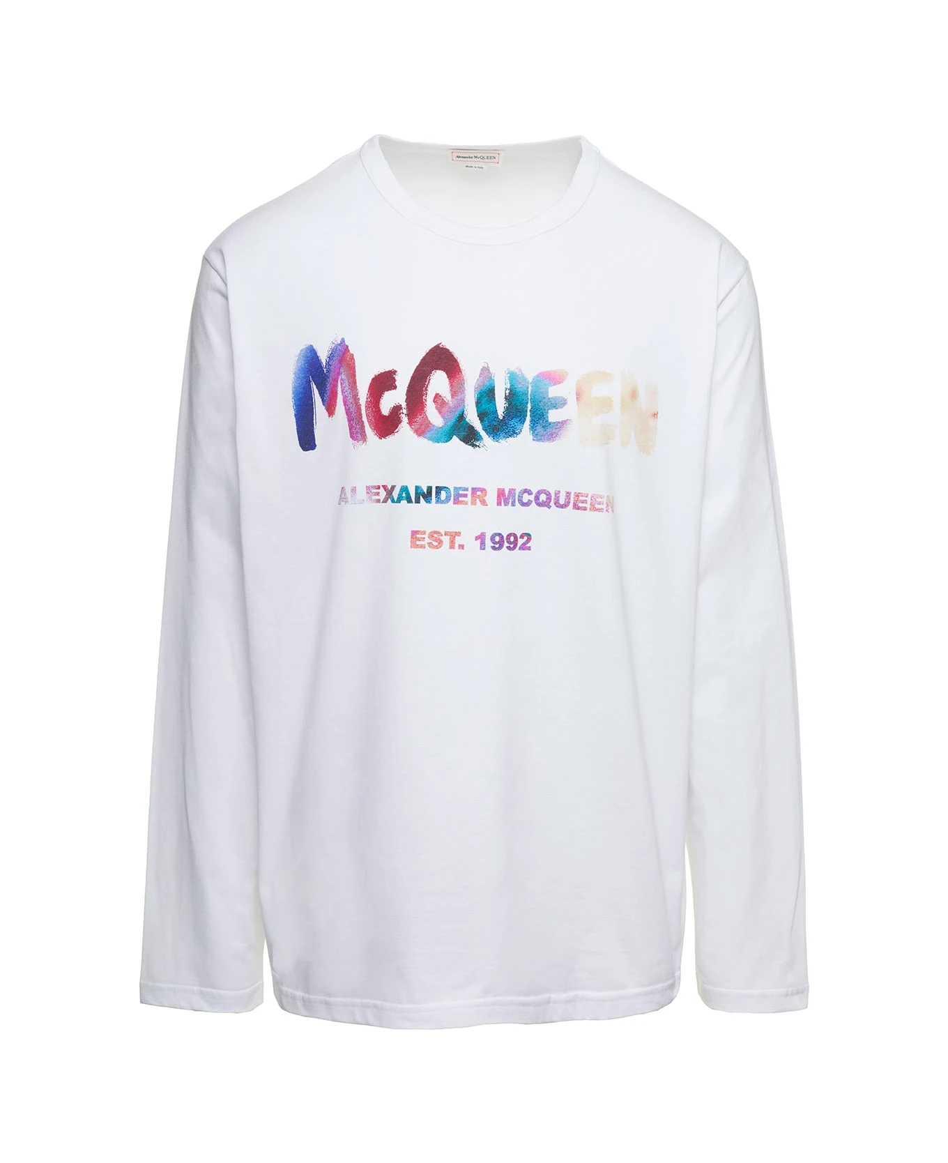 Alexander McQueen White Crewneck Sweatshirt With Multicolor Graffiti Logo Print In Cotton Man