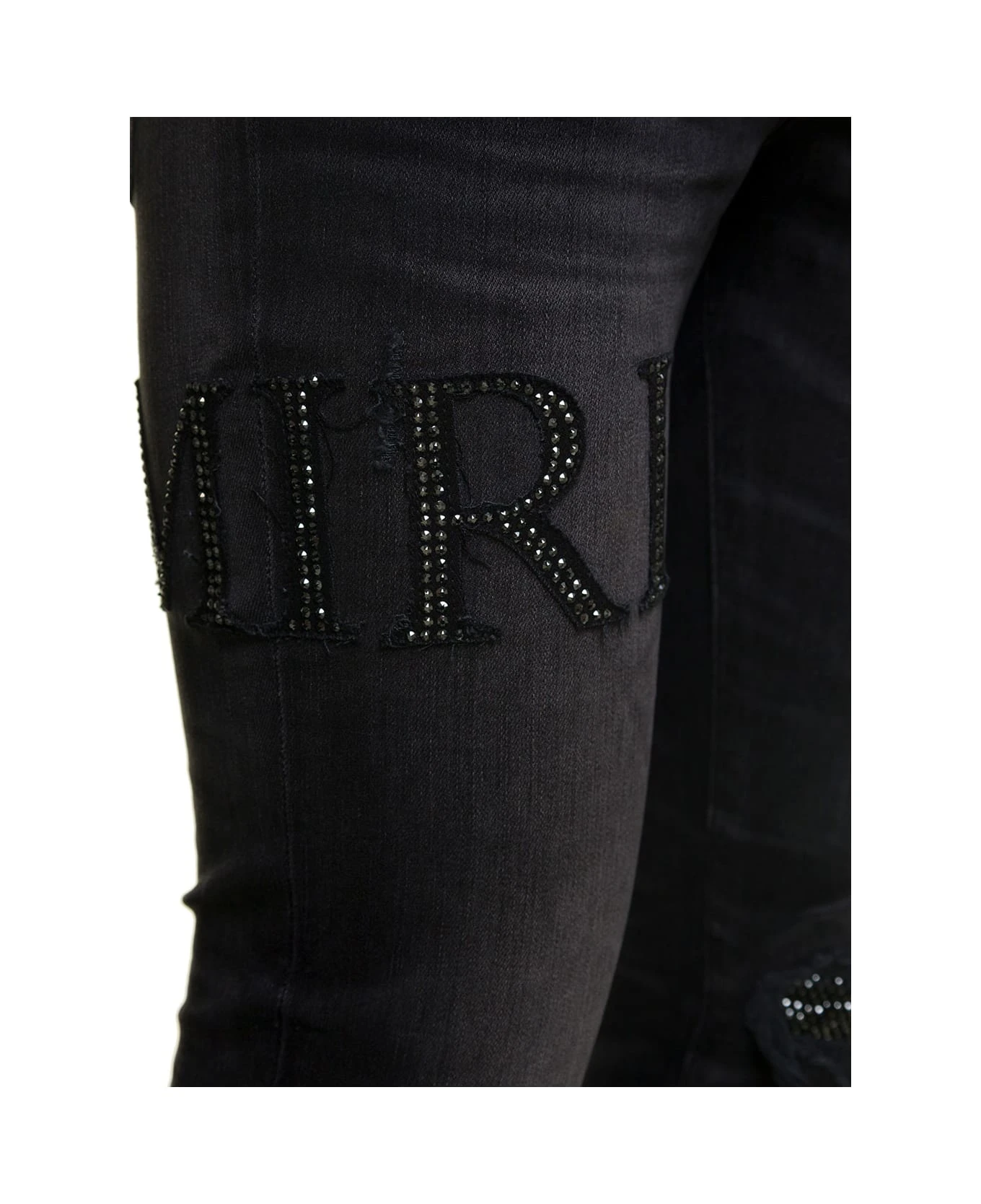 Amiri Black Skinny Jeans With Crystal Embellished Logo And Used Effect In Stretch Cotton Denim Man - Image 3
