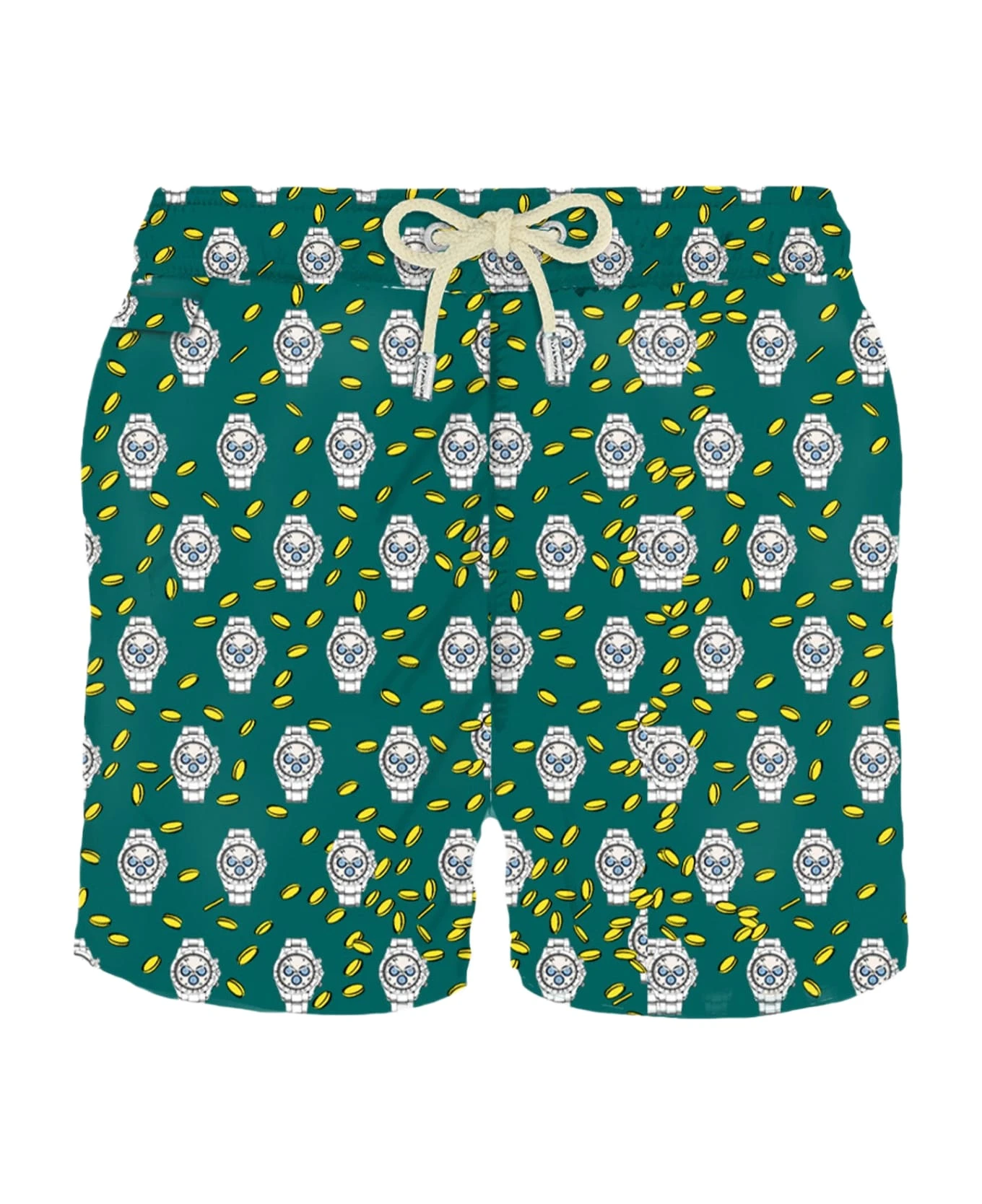 MC2 Saint Barth Man Light Fabric Swim Shorts With Money And Watch Print