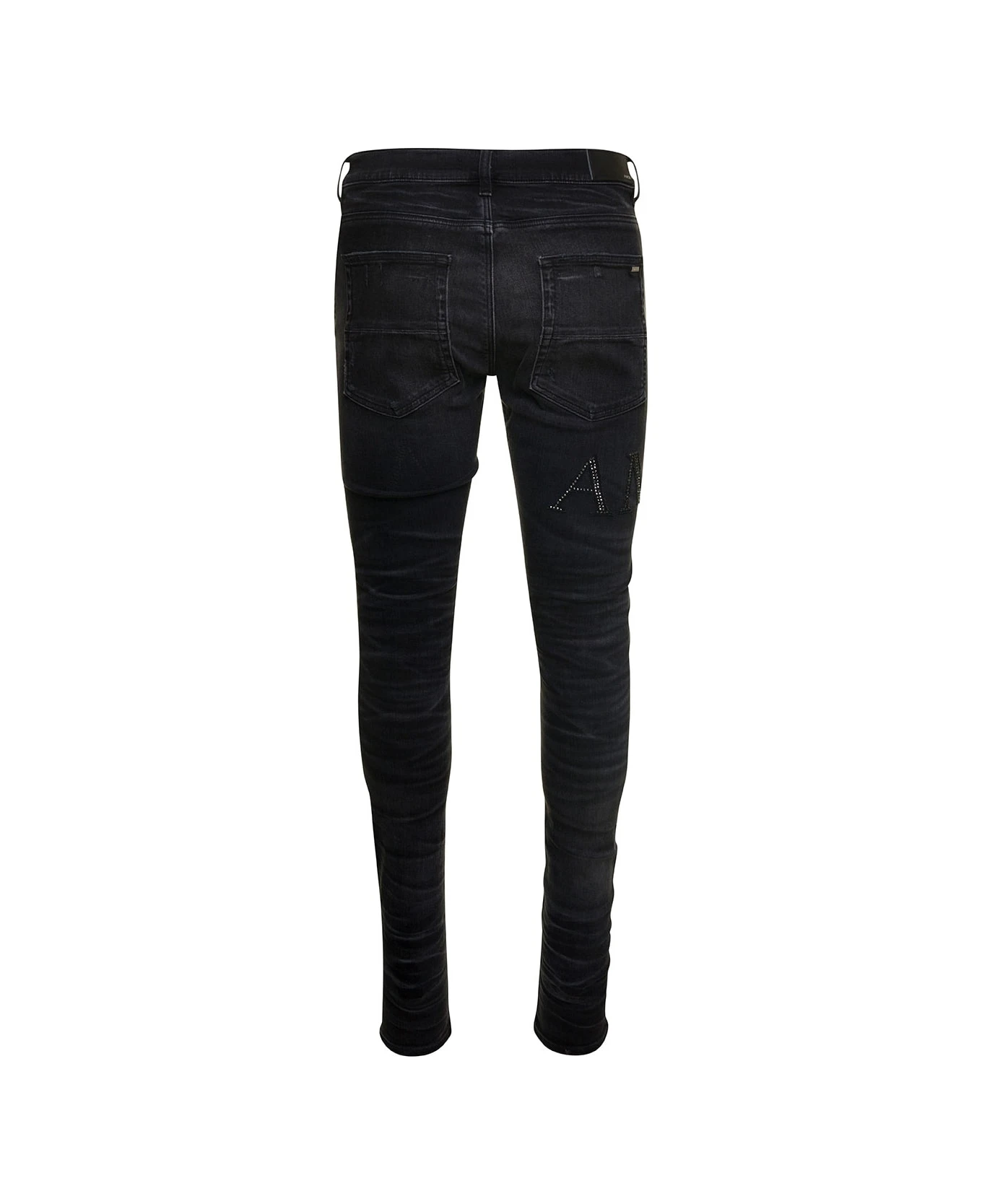 Amiri Black Skinny Jeans With Crystal Embellished Logo And Used Effect In Stretch Cotton Denim Man - Image 2