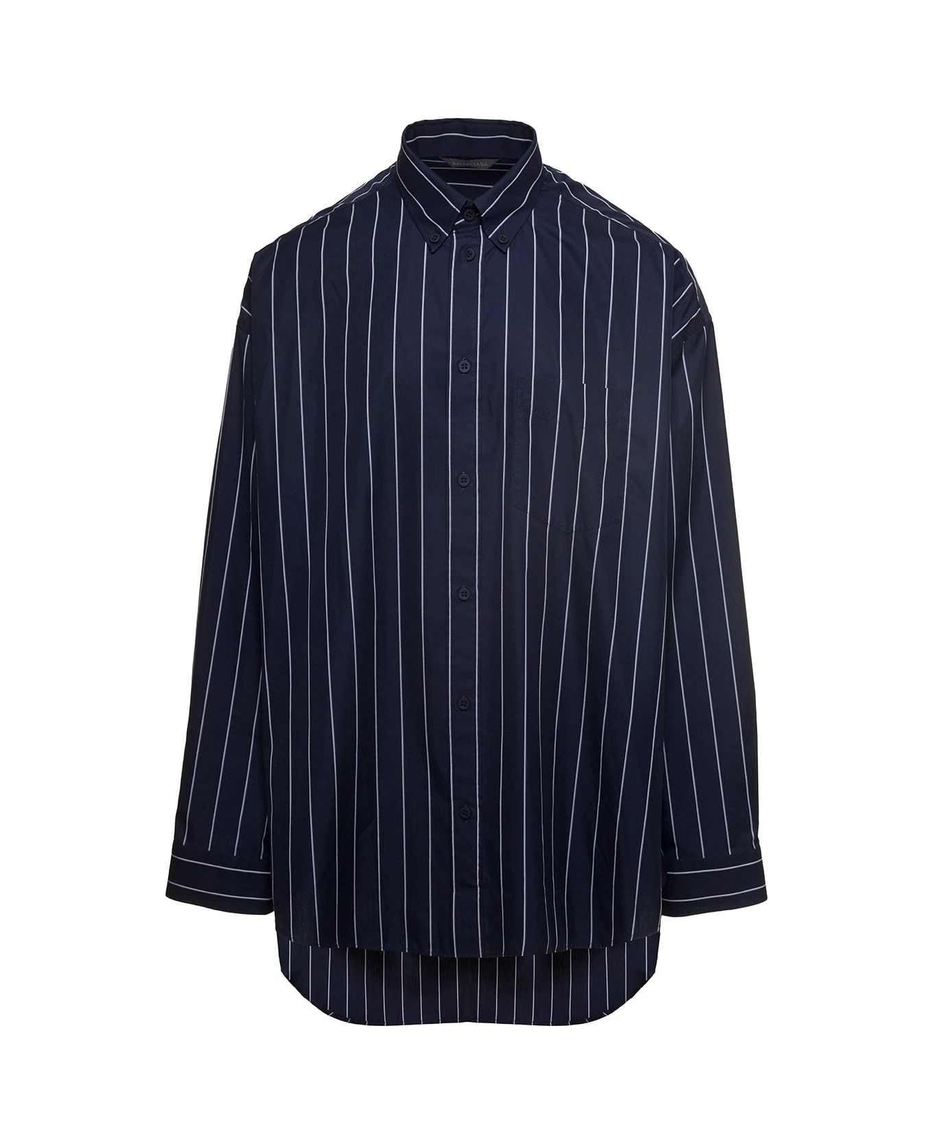 Balenciaga Blue Striped Oversized Blouse And Contrasting Logo In Cotton Blend Man