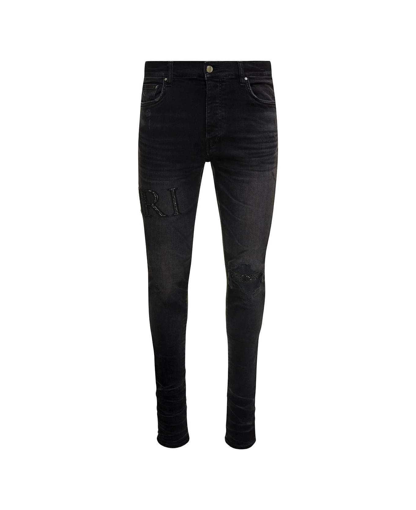 Amiri Black Skinny Jeans With Crystal Embellished Logo And Used Effect In Stretch Cotton Denim Man
