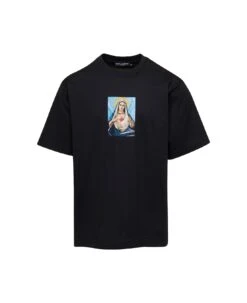 Dolce & Gabbana Black Crewneck T-shirt With Print And Fusible Rhinestone In Cotton Man