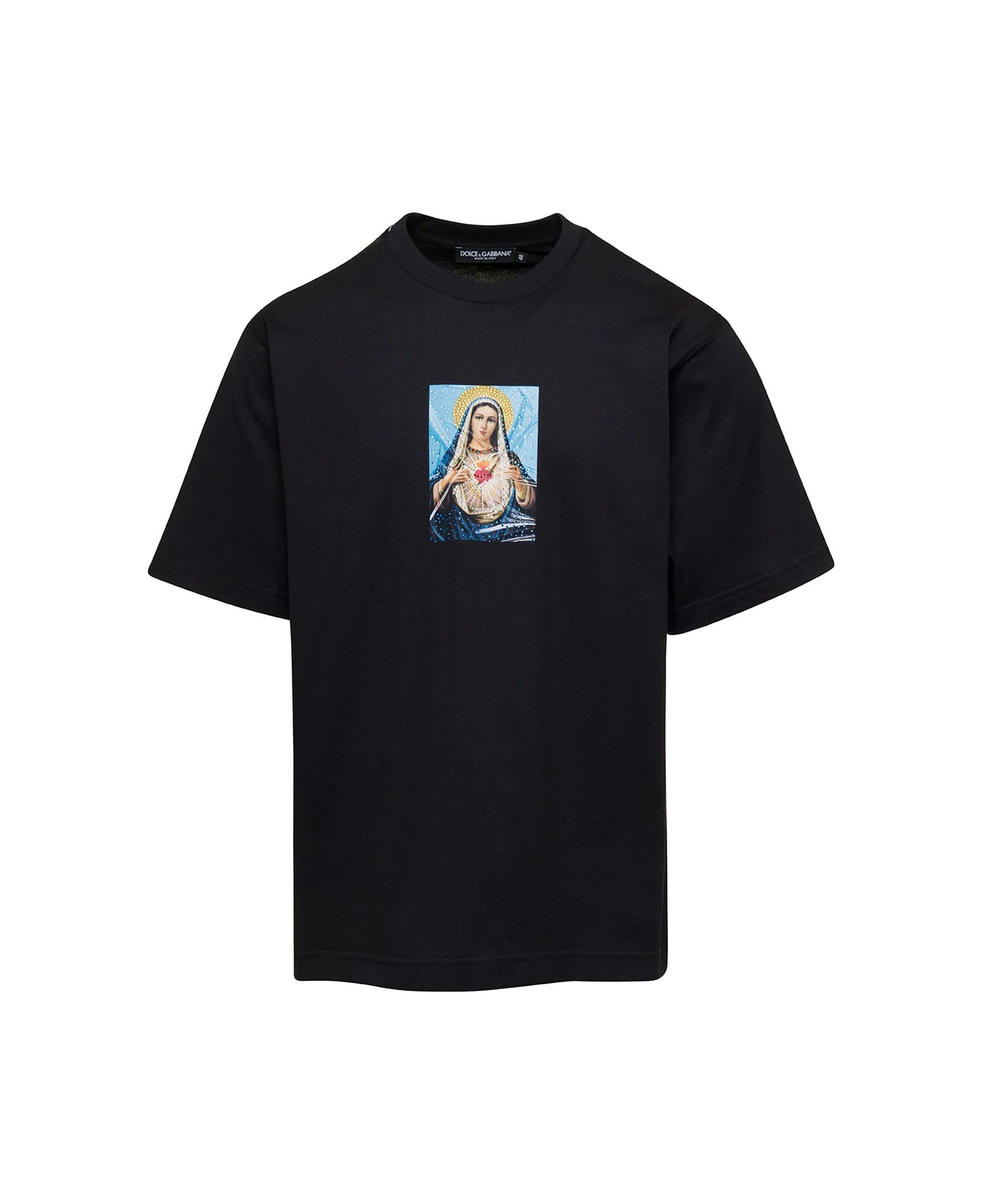 Dolce & Gabbana Black Crewneck T-shirt With Print And Fusible Rhinestone In Cotton Man